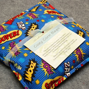 Heating Pad, Corn Bag, Microwavable Heat Pack, Hot Cold Therapy Pillow, Muscle Aches, Spa Gift, Child Snuggler -- Small 9x9 -- Superhero