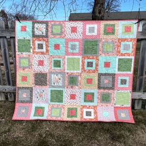 Handmade Quilt, Throw Size Quilt, Modern Patchwork - Gray, Blue, Teal, Pink, Yellow, Teenage Girl Blocks, Primary Colors - Lemon Squares
