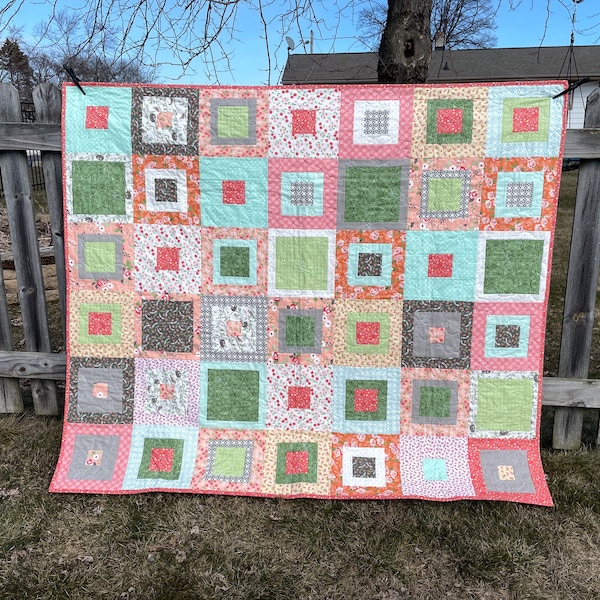 Handmade Quilt, Throw Size Quilt, Modern Patchwork - Gray, Blue, Teal, Pink, Yellow, Teenage Girl Blocks, Primary Colors - Lemon Squares