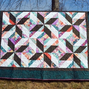 Handmade Lap Quilt, Throw Blanket, Modern Patchwork - Pinwheels on Point - Modern Double Star Pattern Quilt - Eggplant Purple and Green