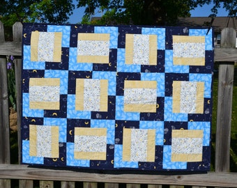 Fox Baby Quilt - Gender Neutral Quilt - Blue and Yellow Nursery - Baby Boy Blanket - Navy Moon Stars Fox Blanket - Baby Shower Gift