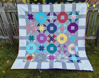 Handmade Quilt, Blue Green Red Gray, Throw Blanket, Lap Quilt, Modern Patchwork, Christmas Gift,  Multi Colored Squares Quilt - Snapshot