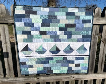 Sailboat Nautical Baby Quilt - Navy Blue Boy Quilt - Modern Patchwork -  Toddler Quilt - Nautical Nursery Theme - Baby Boy Blanket Boat