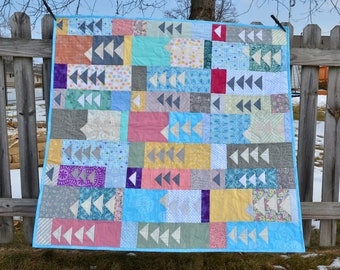 Baby Girl Quilt - Modern Patchwork - Baby Blanket - Baby Girl Triangle - Toddler Quilt -- Arrows in Purple Gray Coral Blue Baby Quilt