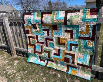 Handmade Quilt, Blue Green Red Gray, Throw Blanket, Lap Quilt, Modern Patchwork, Scrappy Colorful Quilt  - Scrappy Red Blue Green Yellow