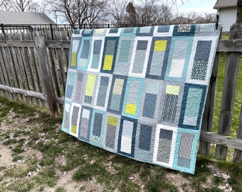 Handmade Quilt, Throw or Twin Blanket, Modern Patchwork - Green Gray Aqua Blue - Gift for Him - Couch or Wheelchair quilt - Greenstone