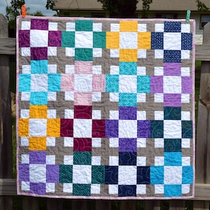 Teal, Purple, Yellow, Gray Baby Quilt - Square Girl Quilt - Modern Patchwork Ninepatch -  Toddler Quilt - Baby Girl Blanket - Shower Gift