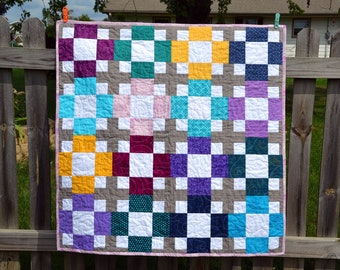 Teal, Purple, Yellow, Gray Baby Quilt - Square Girl Quilt - Modern Patchwork Ninepatch -  Toddler Quilt - Baby Girl Blanket - Shower Gift