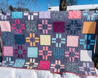 Handmade Quilt, Throw or Twin Size Quilt, Modern Patchwork - Pink, Blue, Yellow, Purple, Gray, Arcadia  -  Funky Bright Custard Pattern