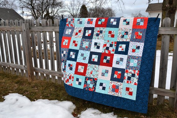 Handmade Quilt, Throw or Twin Blanket, Modern Patchwork - Navy Blue, Red, White - Gift for Her - Couch or Wheelchair quilt - Rose Garden