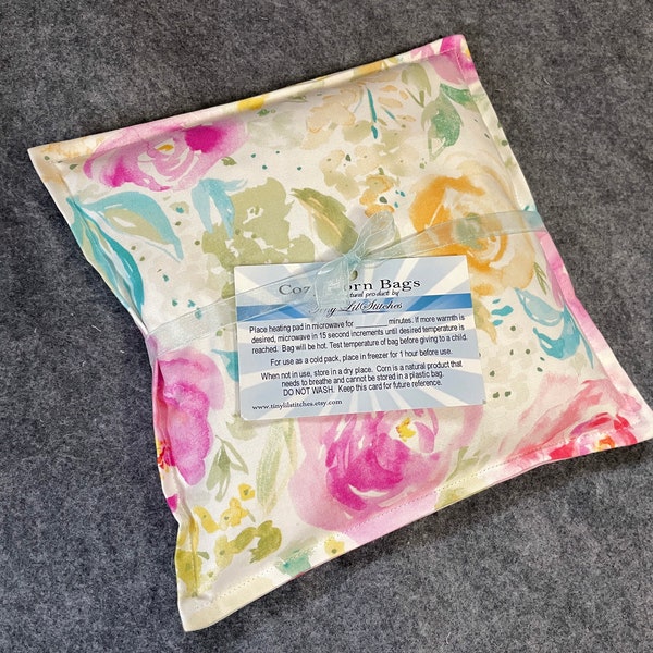 Heating Pad, Corn Bag, Microwavable Heat Pack, Hot Cold Therapy Pillow, Muscle Aches, Spa Gift, Christmas Gift -- Small 9x9 -- Pastel Peony