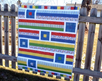 Baby Boy Quilt - Modern Patchwork - Baby Blanket -- Bright Colors - Red, Yellow, Blue, White, Green - Baby Shower Gift -- Breezy