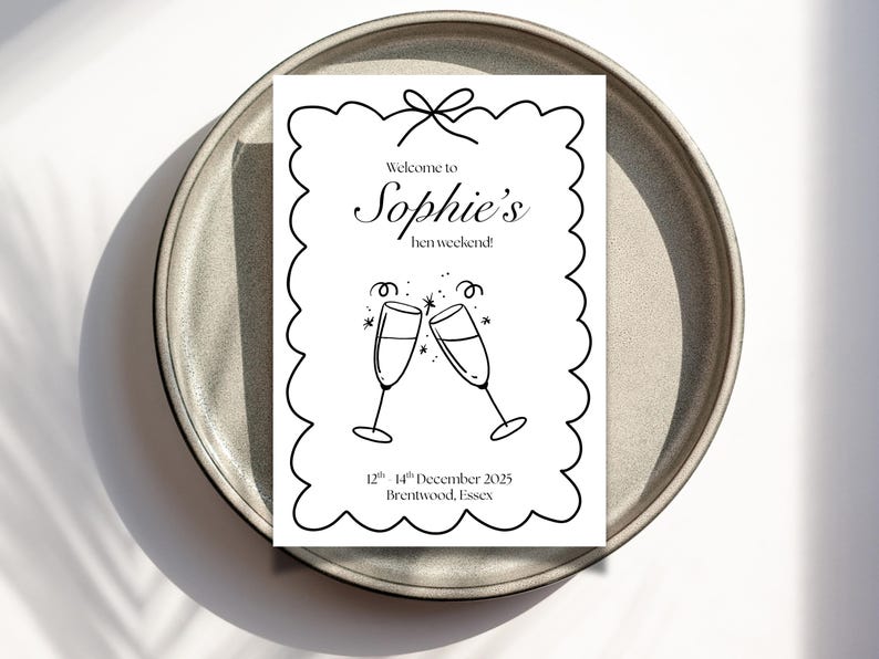 May include: A white invitation card with black text and illustrations, featuring the words "Welcome to Sophie's hen weekend!" and the date "12th - 14th December 2025". Two champagne glasses are clinking. The card is on a gray plate.