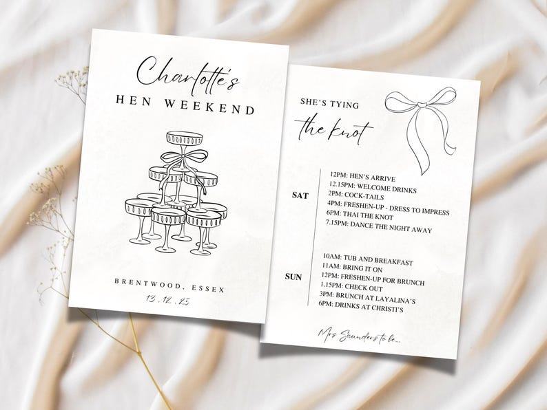 Może przedstawiać: Kremowe zaproszenie ślubne z czarnymi rysunkami liniowymi. Lewa strona przedstawia "Charlotte's Hen Weekend" i ilustrację wieży z szampanem. Prawa strona zawiera szczeg&oacute;łowy harmonogram weekendu.