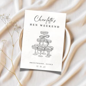 Może przedstawiać: Biała karta z napisem "Charlotte's HEN WEEKEND" i rysunkiem kieliszk&oacute;w do szampana ułożonych w piramidę. Karta zawiera r&oacute;wnież lokalizację "Brentwood, Essex" i datę "15.12.23".