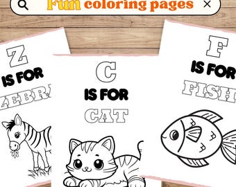 May include: Three coloring pages with black line drawings of a zebra, cat, and fish. Each page has a letter and the name of the animal. The text "Fun coloring pages" is at the top.