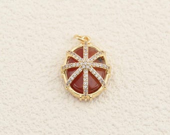 Red Agate Pendant with 18K Gold Filled Frame and Zircon Rays Design for Handmade Necklace Jewelry Creation 16x23.5mm
