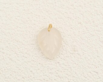 Handmade White Agate Leaf Charm Showcasing Translucent Stone Beauty and 18K Gold Filled Bail for Necklace Styling 13.5x20.5mm
