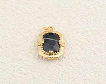 Black Agate Pendant with 18K Gold Filled Frame and Rounded Rectangle Design for Handmade Necklace Jewelry Making 14.5x20mm