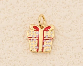 Delicate 18K Gold Filled Gift Pendant Featuring White Enamel Dots and Red Bow for Festive Jewelry 10x11mm