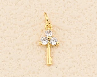 Chic 18K Gold Filled Key Shape Charm Accented with Three Crystals for Stylish DIY Jewelry Projects 6.5x14mm