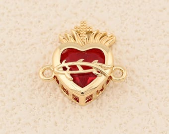 Elegant 18K Gold Filled Sacred Heart Pendant Featuring Fiery Crown and Baroque Inspired Design 17x18mm