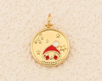 Whimsical 18K Gold Filled Round Pendant Featuring Enamel Santa and Celestial Star Detailing 13mm