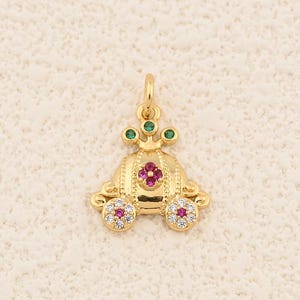 Elegant 18K Gold Filled Princess Carriage Charm with Sparkling Cubic Zirconia for Necklace and Bracelet 13x15mm