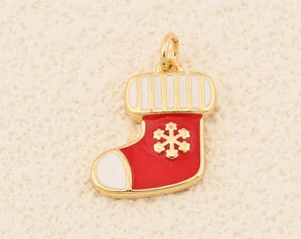 Adorable 18K Gold Filled Red Stocking Charm Featuring White Enamel Trim and Snowflake Accent 13.5x17mm