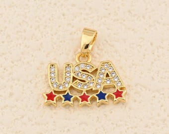 Stylish USA Charm with Colorful Star Embellishments And CZ Sparkle in 18K Gold Filled for Trendy DIY Pieces 16.5x12mm