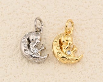 18K Gold Filled Astronaut And Moon Charm Highlighted with Sparkling Stones for DIY Jewelry Crafting 9x13mm