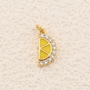 Playful 18K Gold Filled Yellow Lemon Slice Charm Pendant with Crystal Accents for Trendy Fruit Jewelry 14x7mm