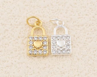 Elegant Padlock Charm with Heart Center and CZ Accents in Dual Tone Gold and Silver for Jewelry Making 8x13mm