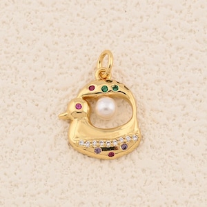 Beautiful 18K Gold Filled Swan Charm with Pearl Bead and Sparkling Cubic Zirconia for Fine Jewelry 14x16.5mm