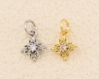 Vintage Style Tiny Floral Charm with Sparkling CZ Accents in 18K Gold Filled for Elegant DIY Creations 9x10.5mm