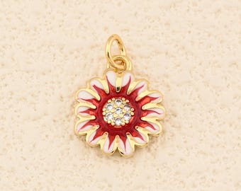 Radiant Enamel Bloom Pendant in Red And White Petal Design with CZ Sparkle in 18K Gold Filled Components 13x15mm