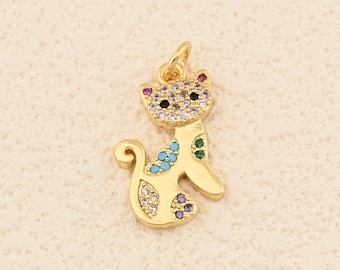 Playful Cat Shape Charm Featuring Colorful CZ Details in 18K Gold Filled for Creative DIY Projects 12x19mm