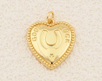 Lucky 18K Gold Filled Heart Pendant with Horseshoe and Good Luck Engraving for Necklace and Handmade Jewelry Design 19x22mm