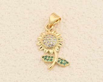 Chic Nature Inspired Sunflower Pendant with Glittering Crystal Center and Vibrant Leaf Design 10x19mm