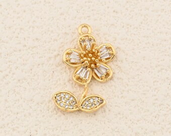Unique 18K Gold Filled Flower Charm with Zircon Crystal Petals and Sparkling Leaves for Handmade Jewelry Projects 17x24mm
