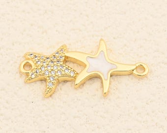 Resort 18K Gold Plating Double Starfish Link with Pave Zircon and White Enamel for Bracelet Work 14x29mm