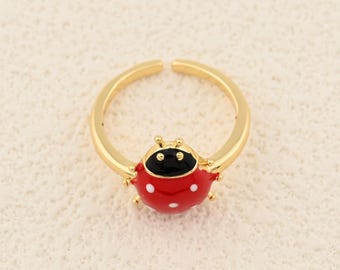 Lucky Red Ladybug Ring with Enamel Finish in 18K Gold Filled Adjustable Band for DIY Gift Jewelry 14x21mm