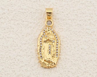 Elegant 18K Gold Filled Virgin Mary Pendant with Cubic Zirconia Halo for Religious Necklace and Faith-Inspired Jewelry 12x28.5mm
