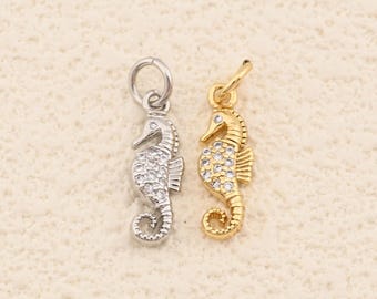 Statement Jewelry 18K Gold Filled Seahorse Pendant Connector With CZ Inlay For Nautical DIY Craft Creations 5.5x16.5mm