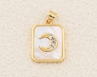 Halvemaanhanger met witte schelpinleg en zirkonia-accenten in 18K gold filled lijst voor doe-het-zelfsieraden 21,5 x 16 mm