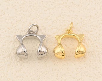 Playful Cat Ear Headphone Style Charm in 18K Gold Filled for Unique Handmade Jewelry Creations 14x14.5mm