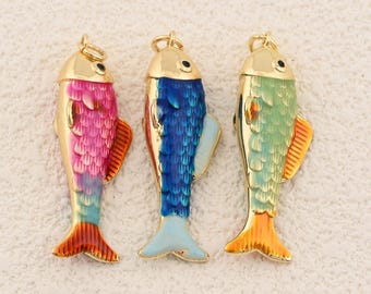 Multicolor Enamel Fish Charm 18K Gold Filled Pendant for Summer Beach Nautical Handmade Jewelry 12x37mm