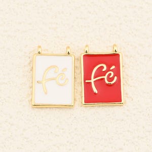 Minimal Faith Expression Piece Featuring Fé Lettering in 18K Gold Plated Clean Enamel Block Design 11x17mm