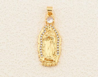 Elegant 18K Gold Filled Virgin Mary Pendant with Large Crystal Accent and Cubic Zirconia Halo for Religious Necklace 15x36mm