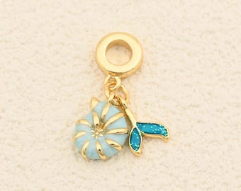 18K Gold Plated Conch and Fish Tail Pendant Blue Enamel Dangle Charm for Jewelry Making Design 9.5x13mm